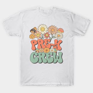 Back To School Retro Groovy Wildflower Pre-K Crew Funny Teacher Girls T-Shirt